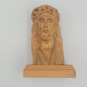 Vintage Jesus Crown of Thorns Bust Carved Olive Wood 5" Signed Statue Bethlehem